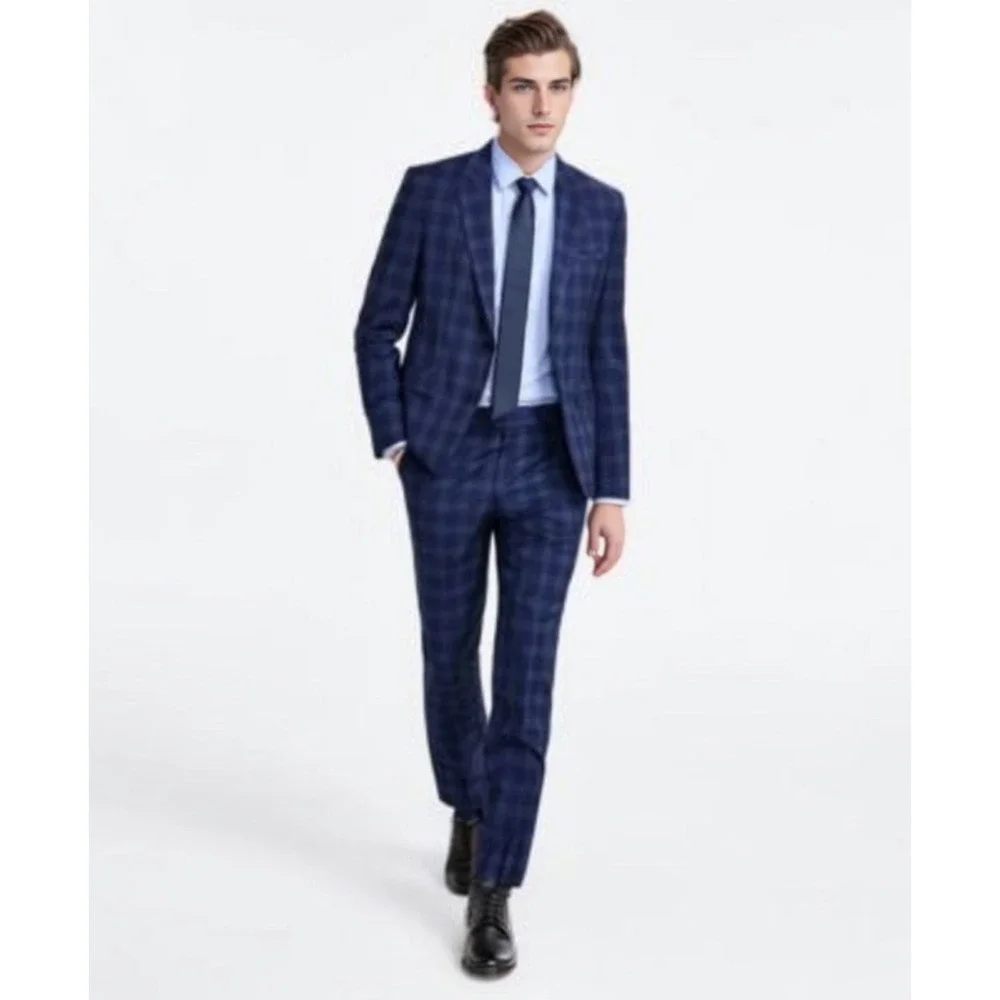 Hugo Boss Dress Pants Mens 30x31‎ Navy Plaid Modern Fit Tailored Trousers $198